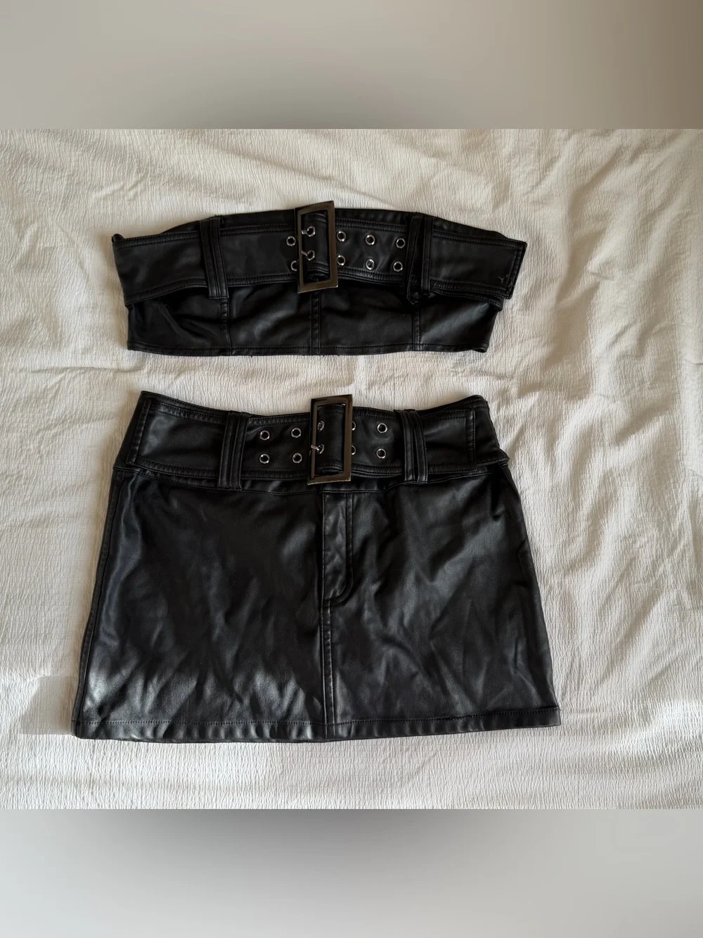 AKIRA Black Faux Leather Mini Skirt Set with Wide Eyelet Belt